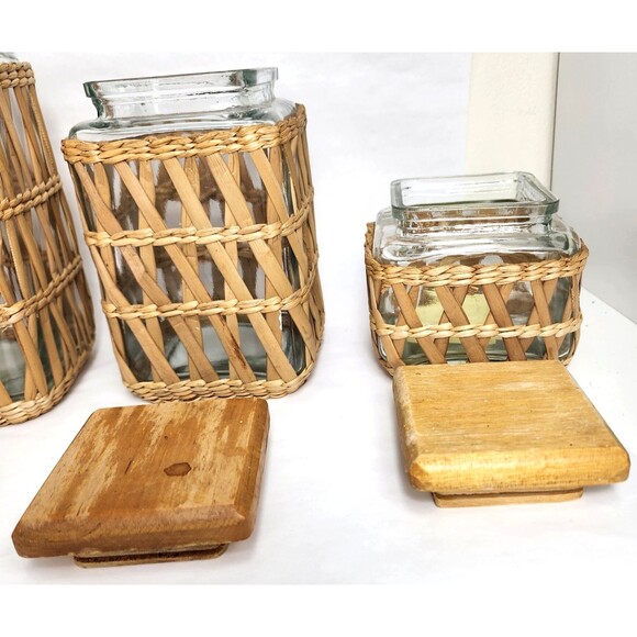 Lidded Seagrass Glass Wicker Boho Retro Square Storage Jar Vintage Set of 4 - Picture 4 of 14